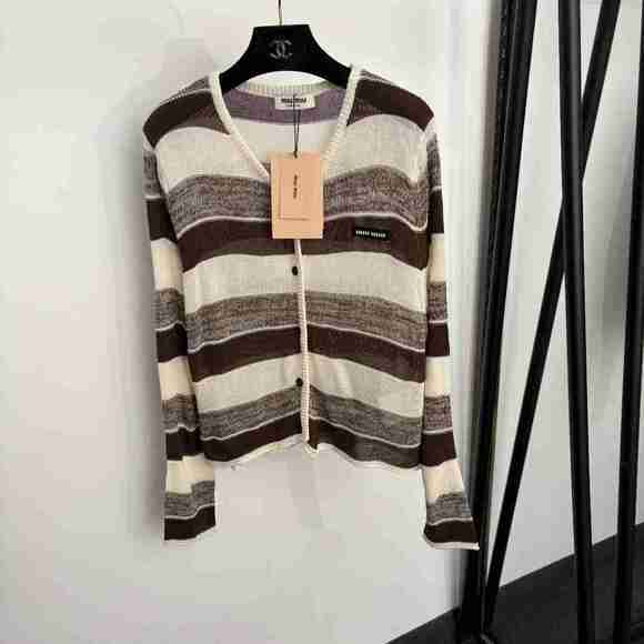 Miu Miu Tops - ✨Miu Miu Brown Cream Stripe V-neck Lightweight Knit Cardigan